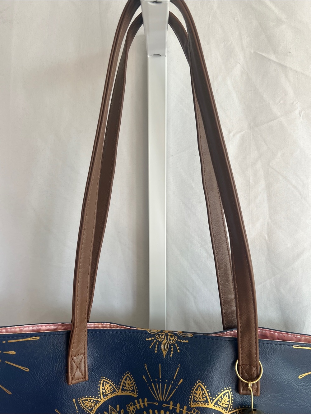 Papaya Navy Tote with Gold Mandala and Brown Straps Pink Satan Lined - Picture 9 of 16